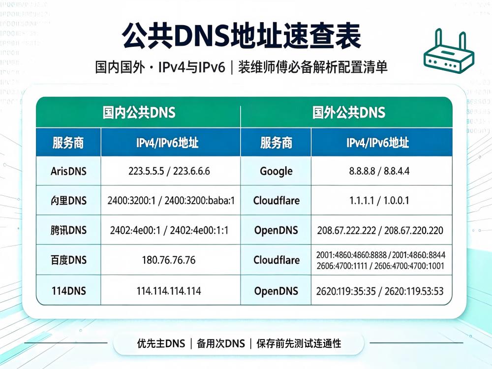 公共DNS地址速查表（国内国外·IPv4与IPv6）：装维师傅必备解析配置清单⑶-爱尚往